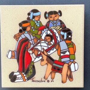 Vintage 1984 C. Teissedre Hand Painted Ceramic Tile Southwestern Nativity Scene‎
